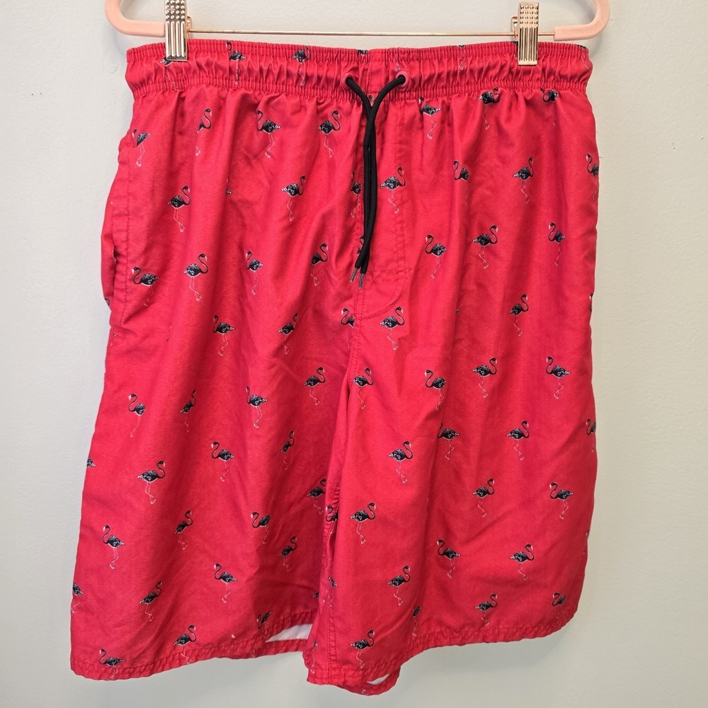 Rugby University Red w/ Cool Black Flamingo Print Swim Trunks Shorts Size Large‎
